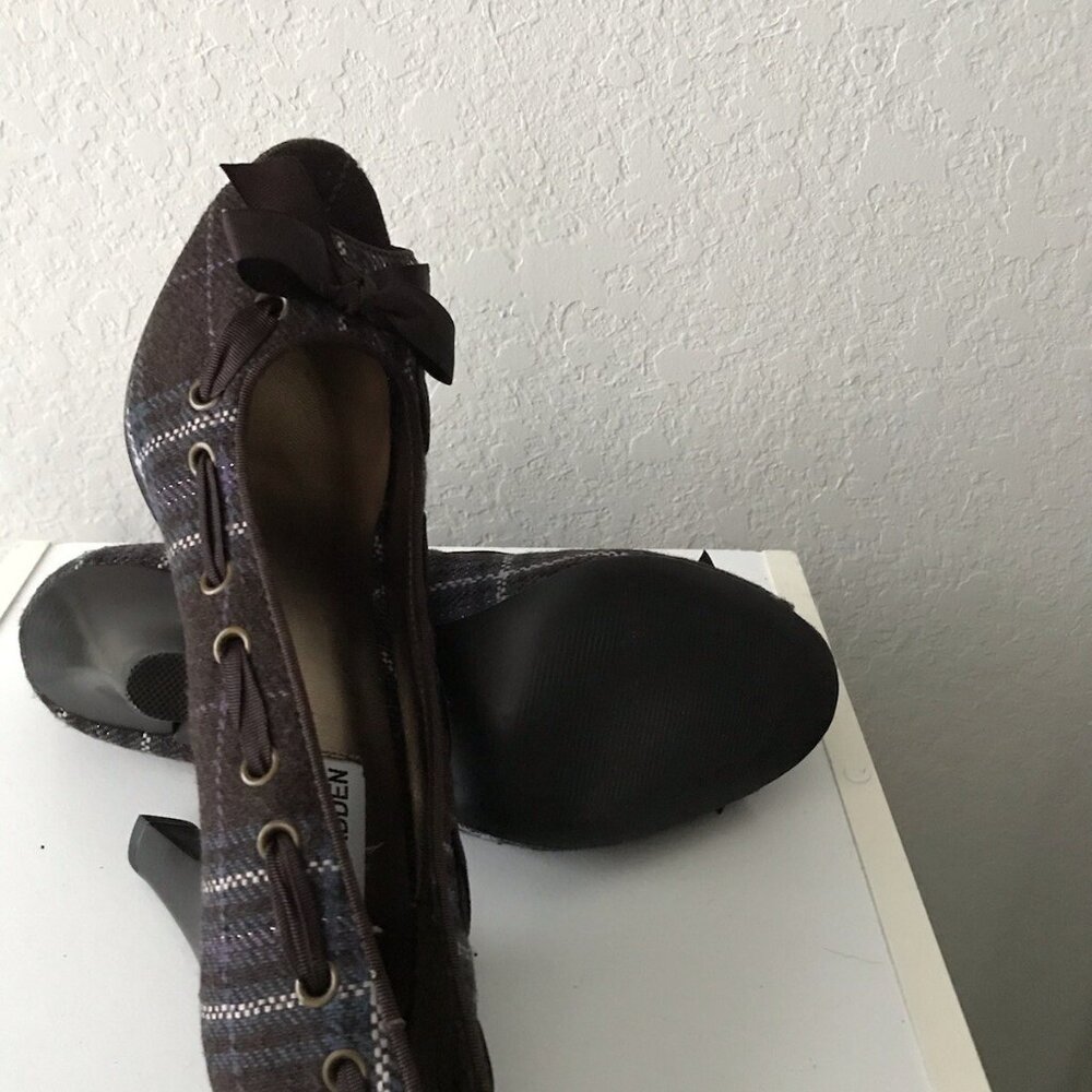Steve Madden Ninna Peep Toe Heels Black Plaid Ribbon - Picture 5 of 12